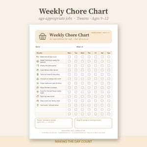 May include: A printable weekly chore chart for tweens ages 9-12, featuring a grid with columns for days of the week and rows for tasks like making the bed, laundry, and dishes. The document includes sections for name, week of, points earned, and savings goals.
