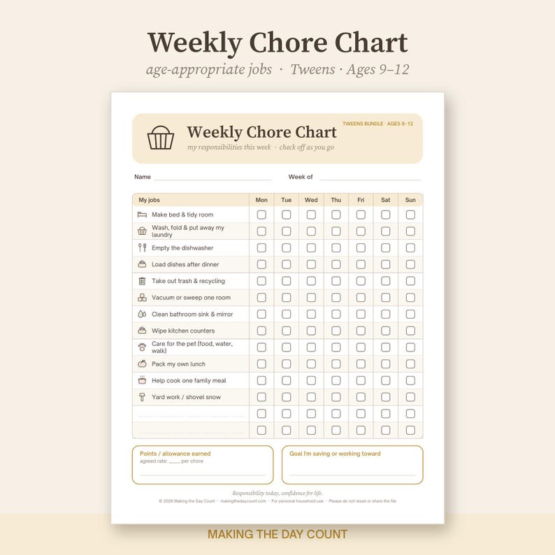 May include: A printable weekly chore chart for tweens ages 9-12, featuring a grid with columns for days of the week and rows for tasks like making the bed, laundry, and dishes. The document includes sections for name, week of, points earned, and savings goals.