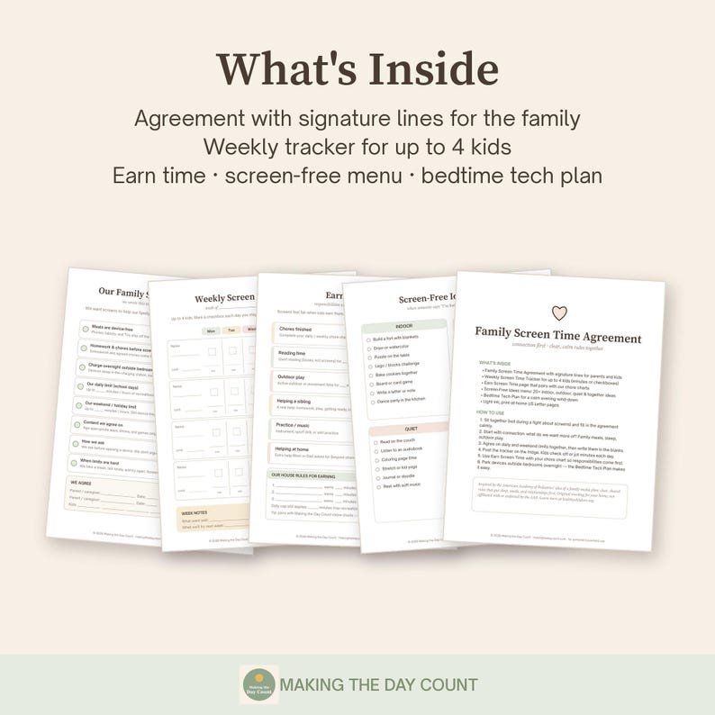 Family Screen Time Agreement Printable, Kids Screen Time Tracker & Rules, Earn Screen Time Chore Chart, Device Free Plan PDF image 2