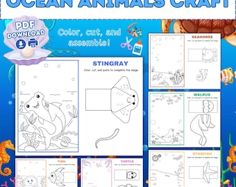 Bundel zeedieren knutselen, leuke en gemakkelijke oceaandieren knutselen, afdrukbare oceaandieren knutselen, knip- en plakactiviteit voor kinderen