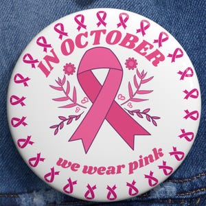 Pink Ribbon Breast Cancer Awareness Pin Button, Support Badge
