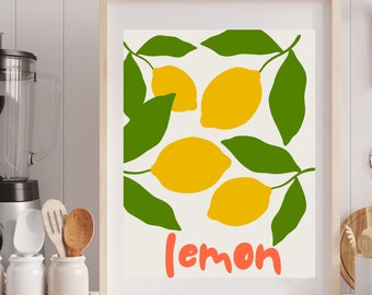 Trendy Minimalist Colorful  Lemon Art Print - Multiple Sizes, Instant Download, Colorful Citrus Wall Decor