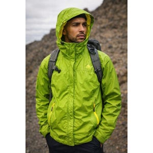 May include: A bright green hooded jacket with a yellow interior lining. The jacket has a zipper closure, two front pockets with yellow zippers, and a small logo on the chest. A gray backpack is worn on the back.