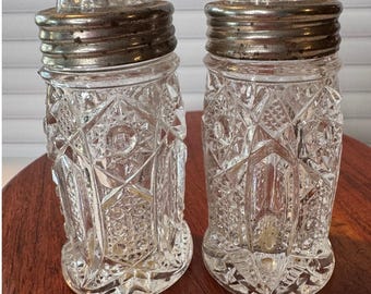 Likely McKee Vintage Pressed Glass Salt and Pepper Shakers Silver Tone Tops