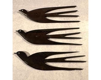 Vintage Hand-Carved African Dark Wood Hair Combs – Set of 3 – Swallow Tail Bird Design