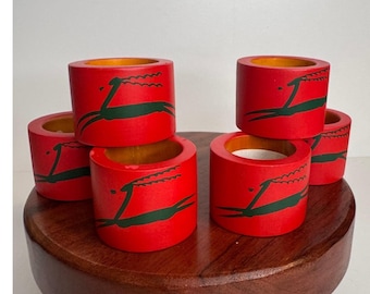 Vintage Wooden Reindeer Napkin Rings Set of 6 Red Green Christmas Decor India