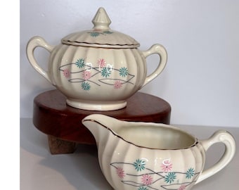 Vintage Atomic Starburst Creamer Sugar Set MCM Pink Blue Floral Gold Trim