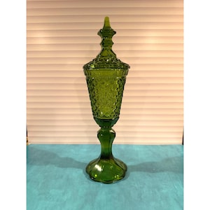 Vintage Diamond Cut Green Glass Compote – 16&quot; Tall