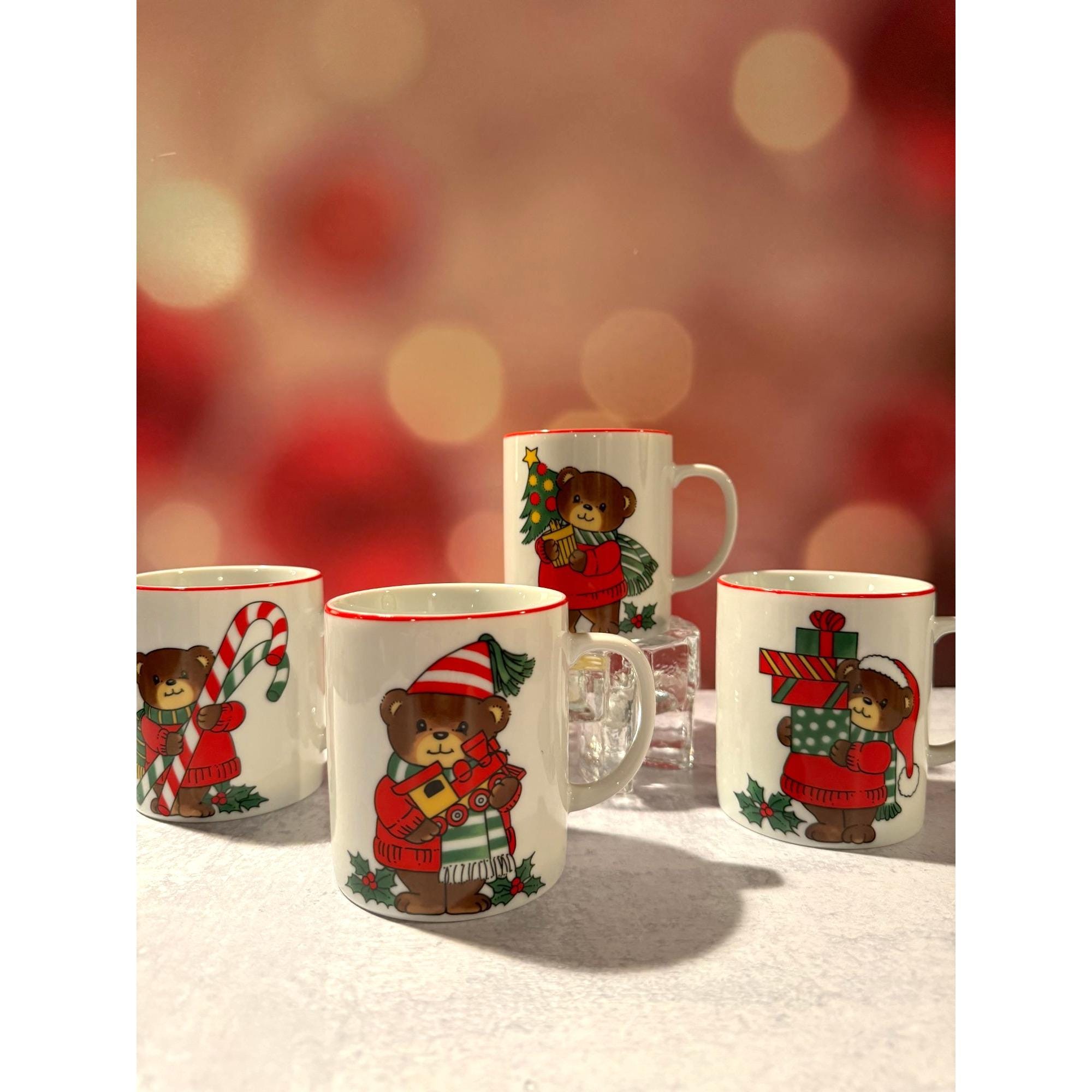 Set of 4 Vintage Christmas Bear Mugs Japan