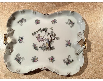 Vintage Porcelain Tray – Victorian Lady on Swing with Gold Handles, 12&quot; x 10&quot;