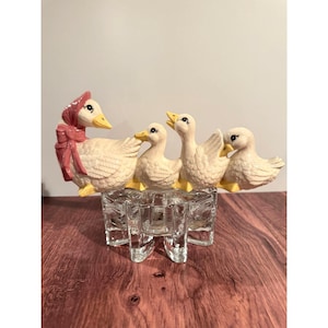 Vintage Ceramic Goose Family Figurine – Mama Goose with 3 Goslings