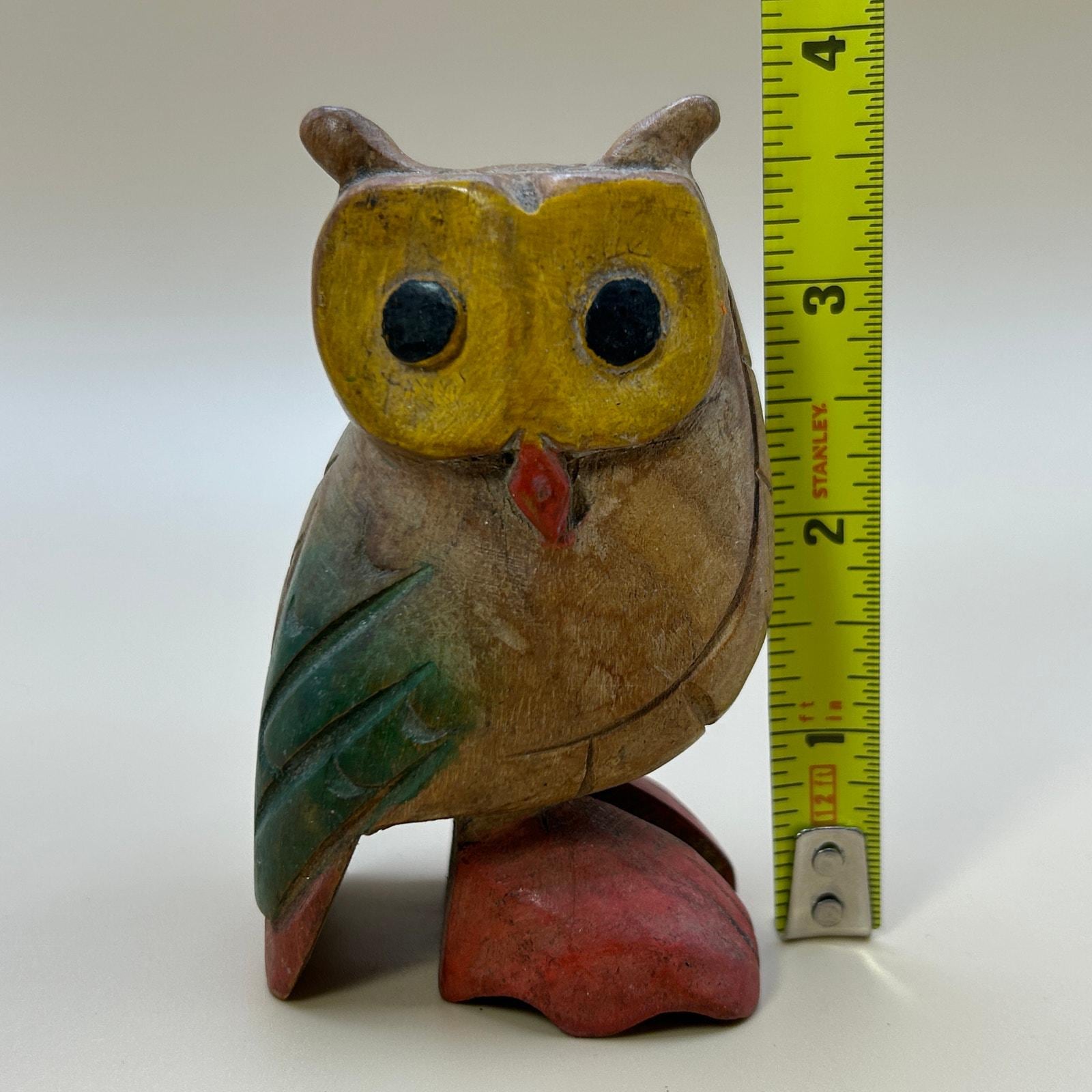 Vintage Wood Folk Art Wooden Owl Figurine Painted 3 3/4" Cute Hand Carved Small