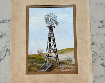 Johnny Woods Rural Windmill Painting 1978 Matted 4.5 x 6.5 in