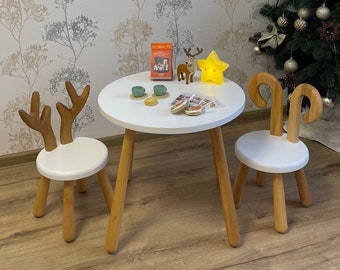 Houten kinderronde tafel en stoelenset, natuurlijke stoel en tafelset voor peuter, Montessori tafel en stoel, houten cadeau voor kinderen