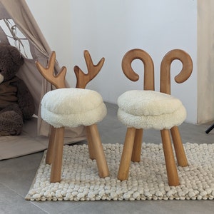 Couple Wooden Animal Chairs for Kids, Wooden Toddler Chair, Solid Hardwood Boys Girls Age 1+, Wooden Deer + Lamb, Handmade Wooden Kids Chair