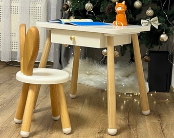 Wooden Kids Rectangular Table with Drawer and Bunny Chair, White Chair and Table Set for Toddler, Table and Chair, Wooden Gift for Children