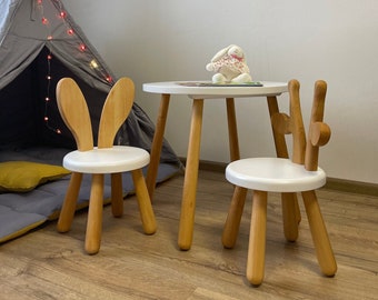 Wooden Kids Round Table and Chairs, Natural Chairs and Table Set for Toddler, Montessori Table, Wooden Gift for Childrens, Kids Furniture