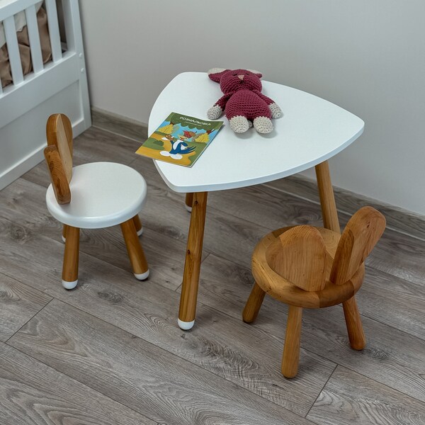 Naturtal Wooden Kids Triangle Table and Chairs Set, Mouse Chairs for kids and White Toddler Table, Useful and Unique Gifts for Kids Birthday