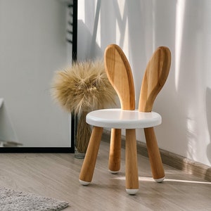 Wooden Kids Chair White Rabbit, Montessori Chair, Toddler Bunny Chair, Wooden Play-room Furniture, Natural wooden chair, Eco-Friendly Chair