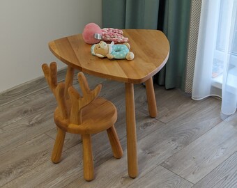 Naturtal Wooden Kids Triangle Table and Chairs Set, Deer Antlers Chairs for kids and Wooden Table, Useful and Unique Gifts for Kids Birthday