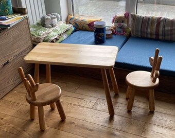 Wooden Kids Rectangular Table and Chairs, Natural Chairs and Table Set for Toddler, Montessori Table and Chair, Wooden Gift for Children