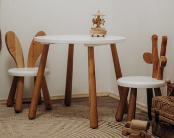 Houten kinderronde tafel en stoelenset, konijn en giraffe witte stoelen voor kinderen en tafel, nuttige en unieke cadeaus voor meisjesverjaardag