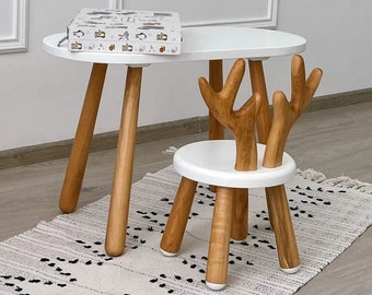 Wooden Kids Oval Table and Animal Chair, Kid Table and Chair, Kid Table and Chair Set, Montessori Table and Chair, Wooden Gift for Children