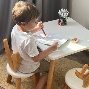 Wooden Kids Chair White Rabbit, Montessori Chair, Toddler Bunny Chair, Wooden Play-room Furniture, Natural wooden chair, Eco-Friendly Chair