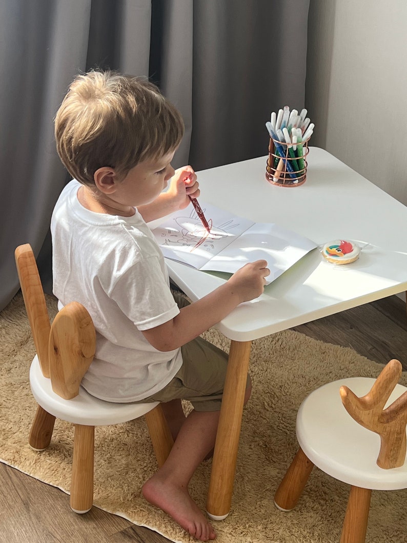 Wooden Kids Chair White Rabbit, Montessori Chair, Toddler Bunny Chair, Wooden Play-room Furniture, Natural wooden chair, Eco-Friendly Chair