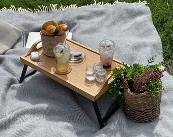 Wooden Picnic Table Outdoor Fold Up Camping Camp Table Ash Wood, Adjustable Legs Laptop Table, Portable Drawers Desk, Wooden Laptop Desk