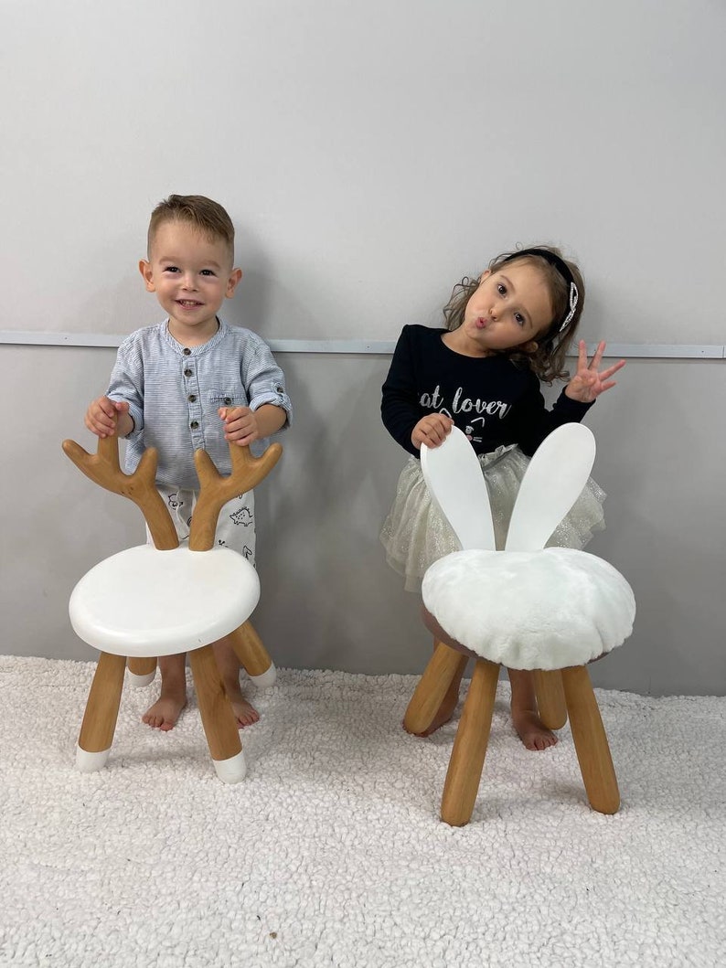 Wooden Kids Chair White Rabbit, Montessori Chair, Toddler Bunny Chair