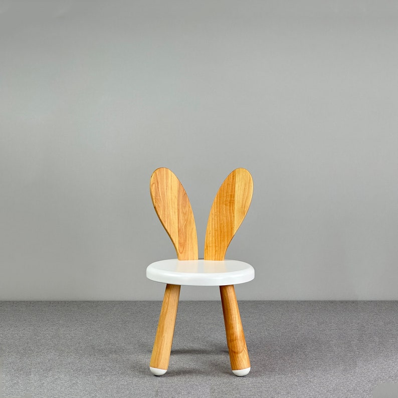 Wooden Kids Chair White Rabbit, Montessori Chair, Toddler Bunny Chair, Wooden Play-room Furniture, Natural wooden chair, Eco-Friendly Chair