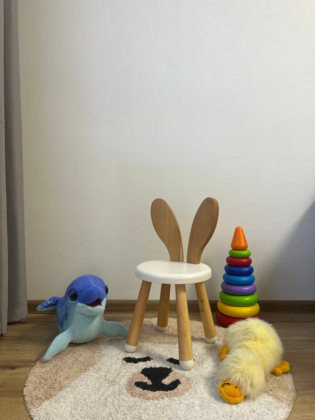 Wooden Kids Chair White Rabbit, Montessori Chair, Toddler Bunny Chair