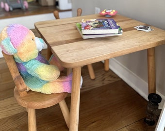 Wooden Kids Square White Table and Chairs Set, Montessori Table, Gift for Children, Kids Art Natural Table, Kids Learning Table, Wooden Gift