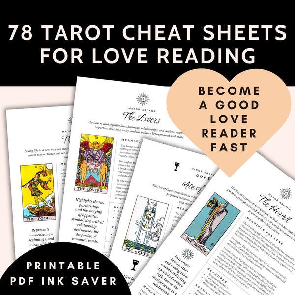 Tarot guidebook cheat sheets for love reading, printable Tarot love reading guide, Tarot symbolism cheat sheets instant download ebook
