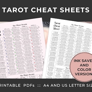 Tarot Cheat Sheet Printable PDF with Keywords - ink saver and color version, meanings of Tarot deck cards on one page