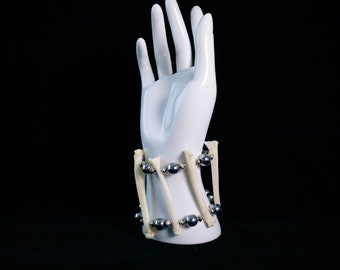 KRATOS - Minimalistic Brutalist Genuine Coyote Bone Cuff Bracelet with Hematite Beads