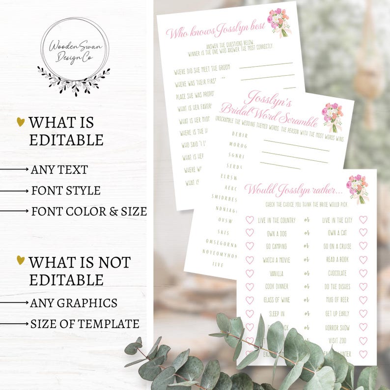 Josslyn Script Printable Rococo Bridal Shower Games Template, French Inspired Party ...
