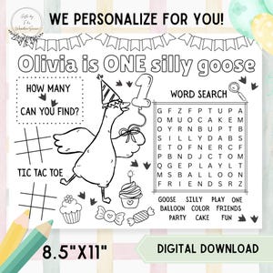 Personalized One Silly Goose Coloring Page, Silly Goose Birthday Activity, Coloring Page, Kids Party Table Activity, Instant Download, AS1