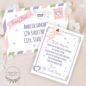 May include: A Tooth Fairy letter and envelope set. The envelope is white with pink, green, and purple accents, and the text "Fairy Mail". The letter features a fairy illustration and a message.