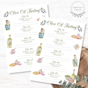 May include: Two watercolor-style Olive Oil Tasting sheets. Each sheet features spaces for scoring and thoughts, with illustrations of olive oil bottles, bread, garlic, and olives. The text "Olive Oil Tasting" is at the top.