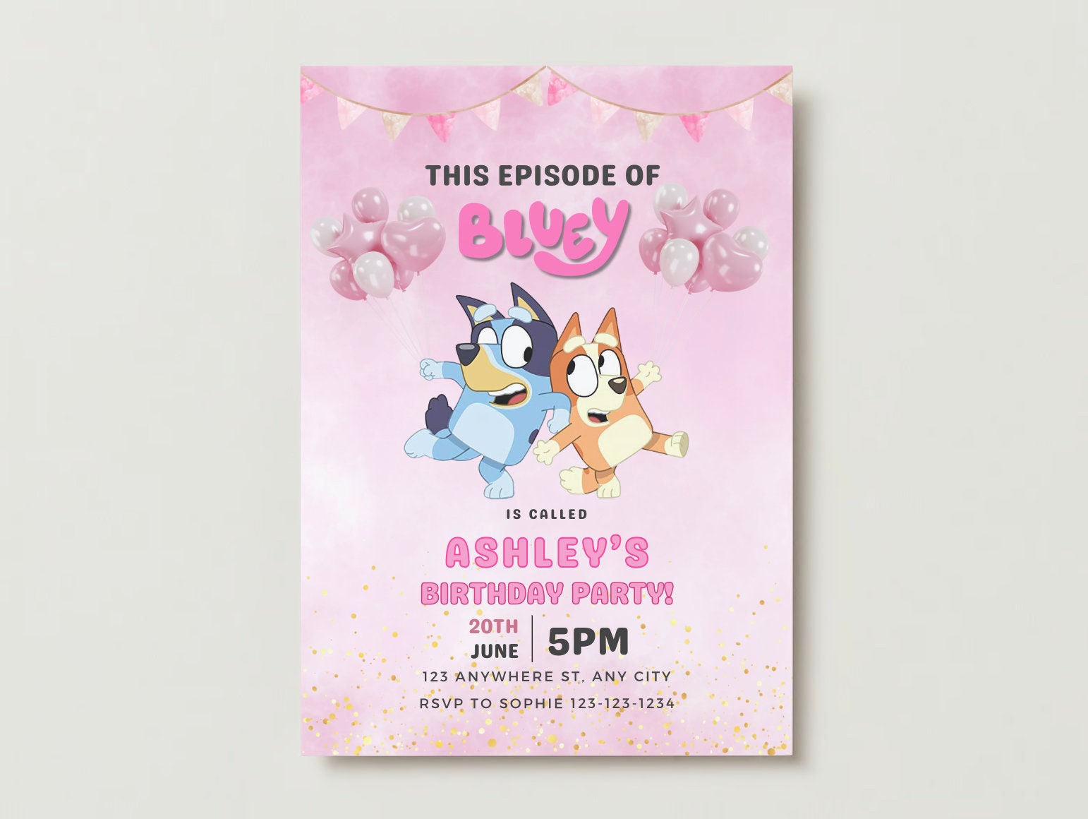Personalized Printable Pink-themed Bluey Birthday Party Banner for
