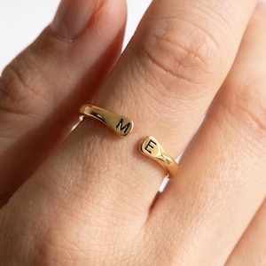 Solid Gold Adjustable Initial Ring: Custom Engraved Two Letter Open Ring, Personalized Wrap Ring