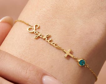 Personalized Birthstone Name Bracelet: 925 Silver Name Chain with Cross Charm