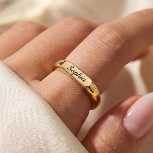 14K Solid Gold Name Ring: Custom Engraved Bar Ring, Dainty Gold Promise Band