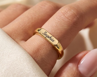 14K Solid Gold Name Ring: Custom Engraved Bar Ring, Dainty Gold Promise  Band