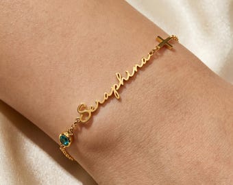 14k Solid Gold Name Bracelet: Custom Cross and Birthstone Jewelry, Personalized Religious Chain