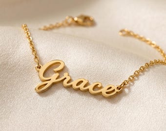 Pulsera personalizada de oro macizo de 8 quilates con nombre: joyería minimalista con escritura, pulsera fina personalizada.