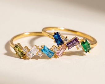 Custom Baguette Birthstone Ring: Personalized Family Birthstone, Dainty Cluster Promise Ring