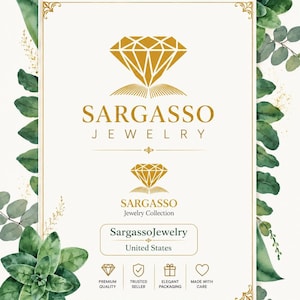 Packaging card for Sargasso Jewelry with a gold diamond logo, elegant gold frame, and green leafy border, promoting custom name ring.